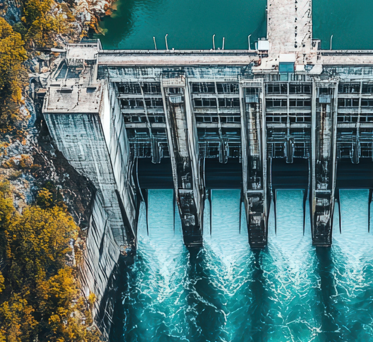 Aerial view of a river hydroelectric dam